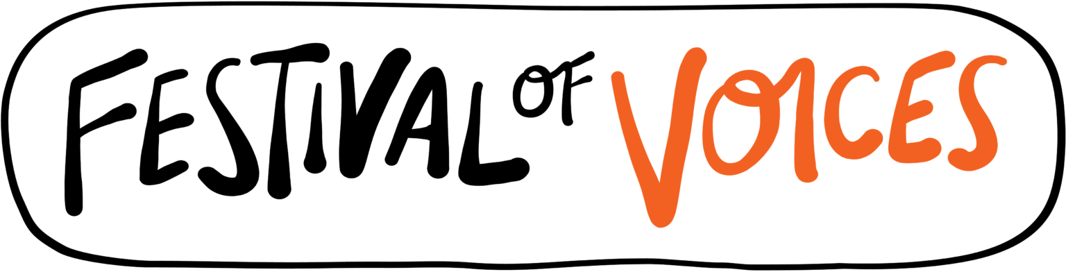 Festival of Voice logo in black and orange text in a bubble with a black outline